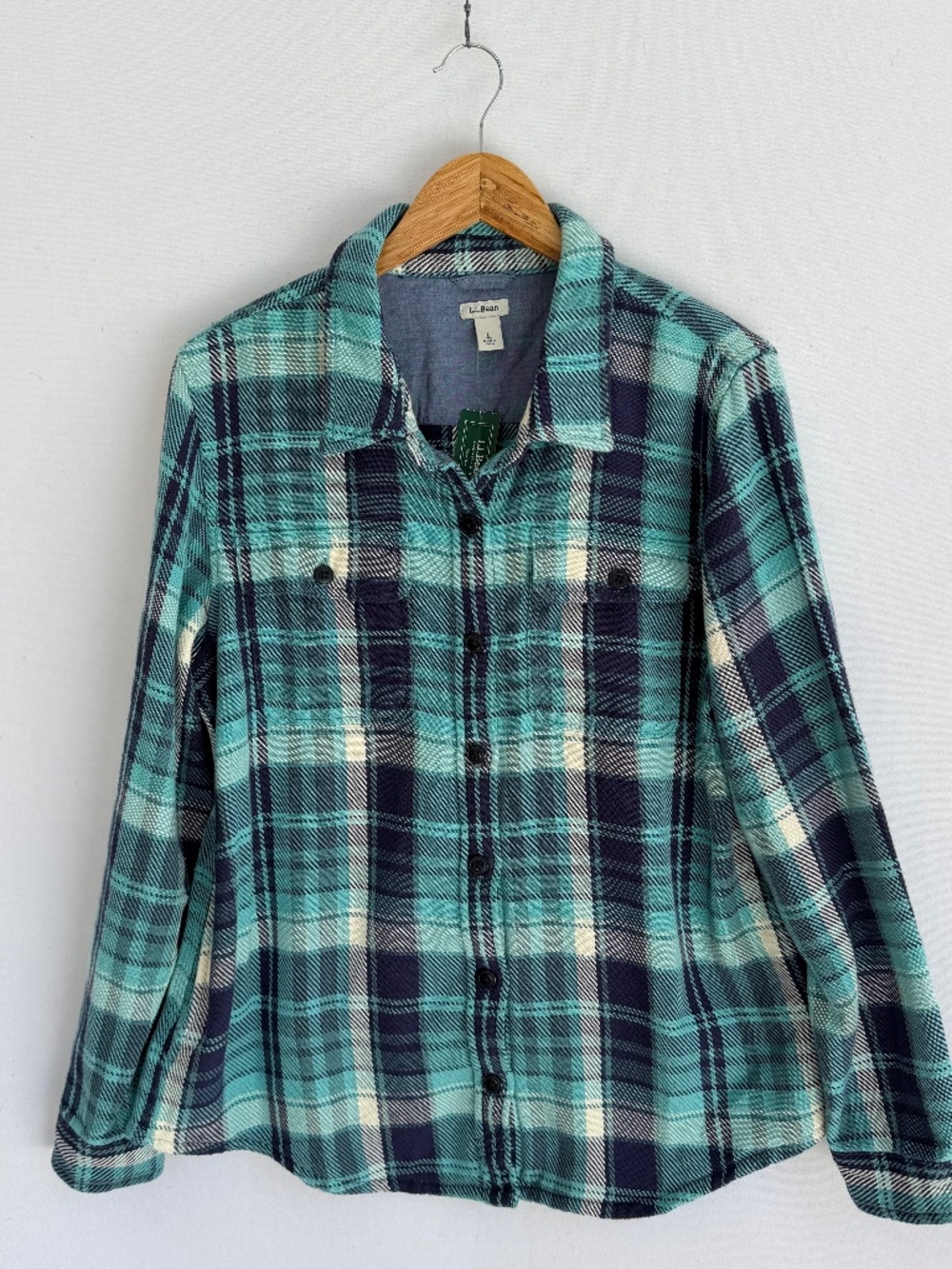L.L. BEAN The 1912 Overshirt Ink Blue & Green Plaid Heavier Weight Women’s Large
